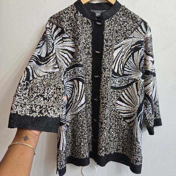 Chicos Travelers 2 Womens Vtg Abstract Art Crinkle Asain Mandarin Collar Tunic L - Picture 2 of 11